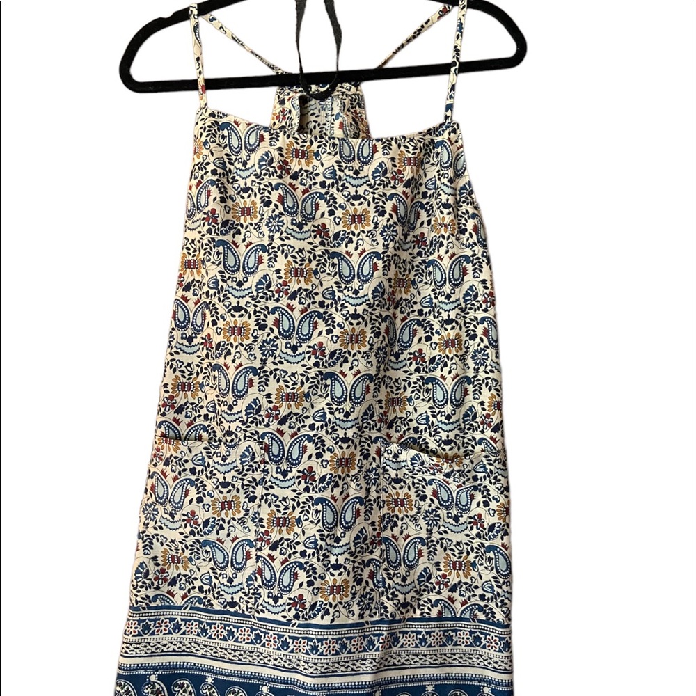 Large Fall boho hippie Dress tan with colorful design HAS TWO FRONT POCKETS.